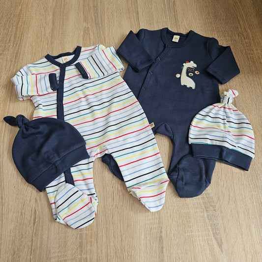 Navy giraffe- pack of 2 overalls & 2 hats