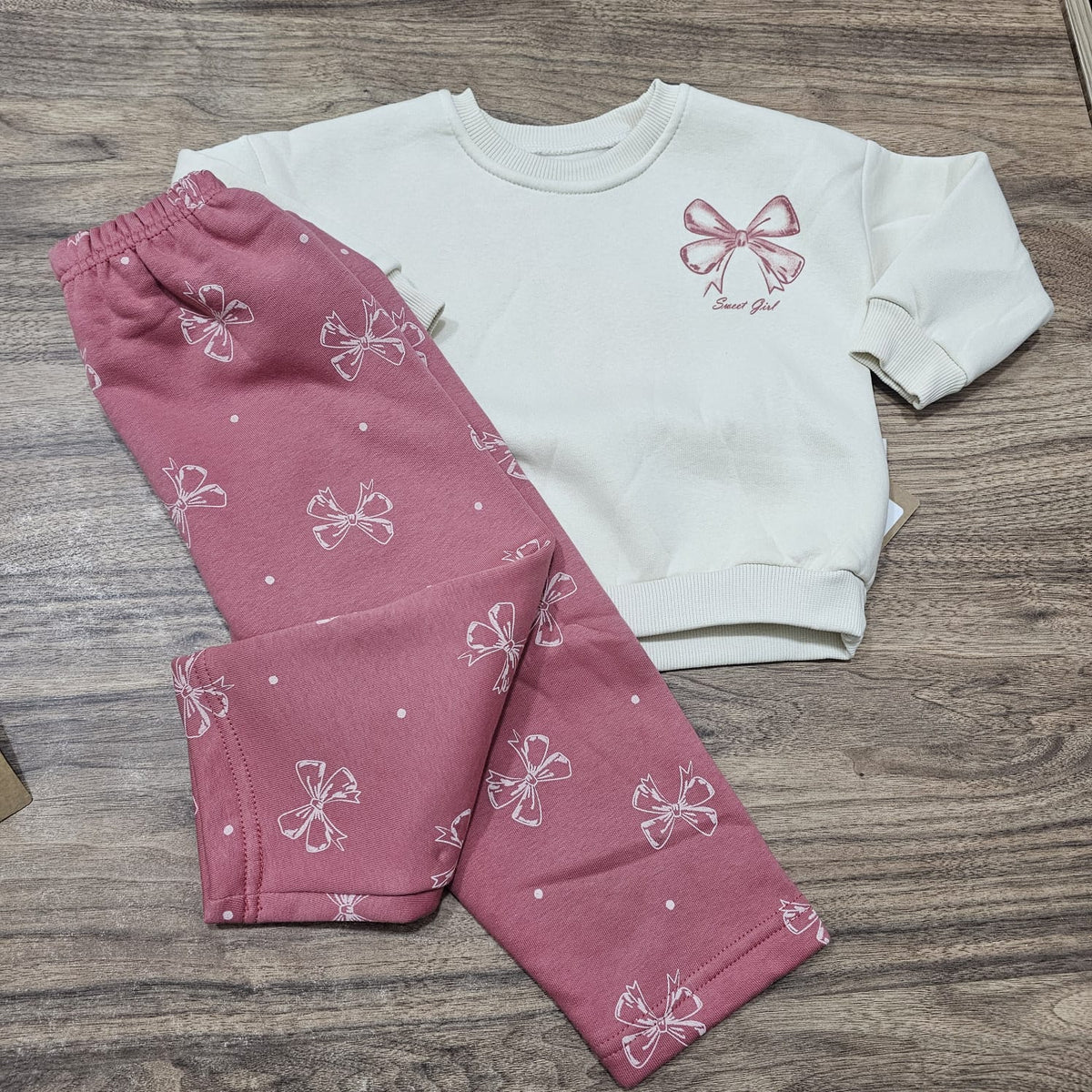 Sweet girl bow pink fleece set