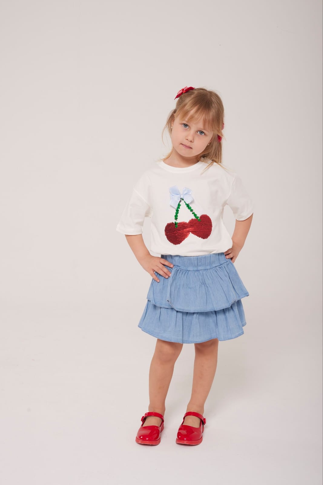 Cerises top & Denim Skirt