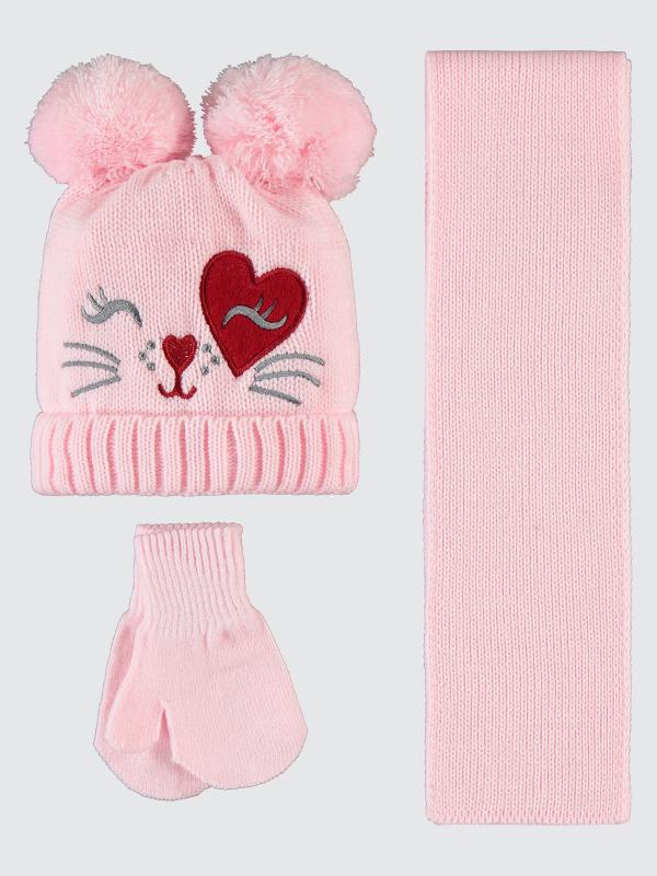 Pink cat   (0-24 months) - Scarf,beanie & gloves