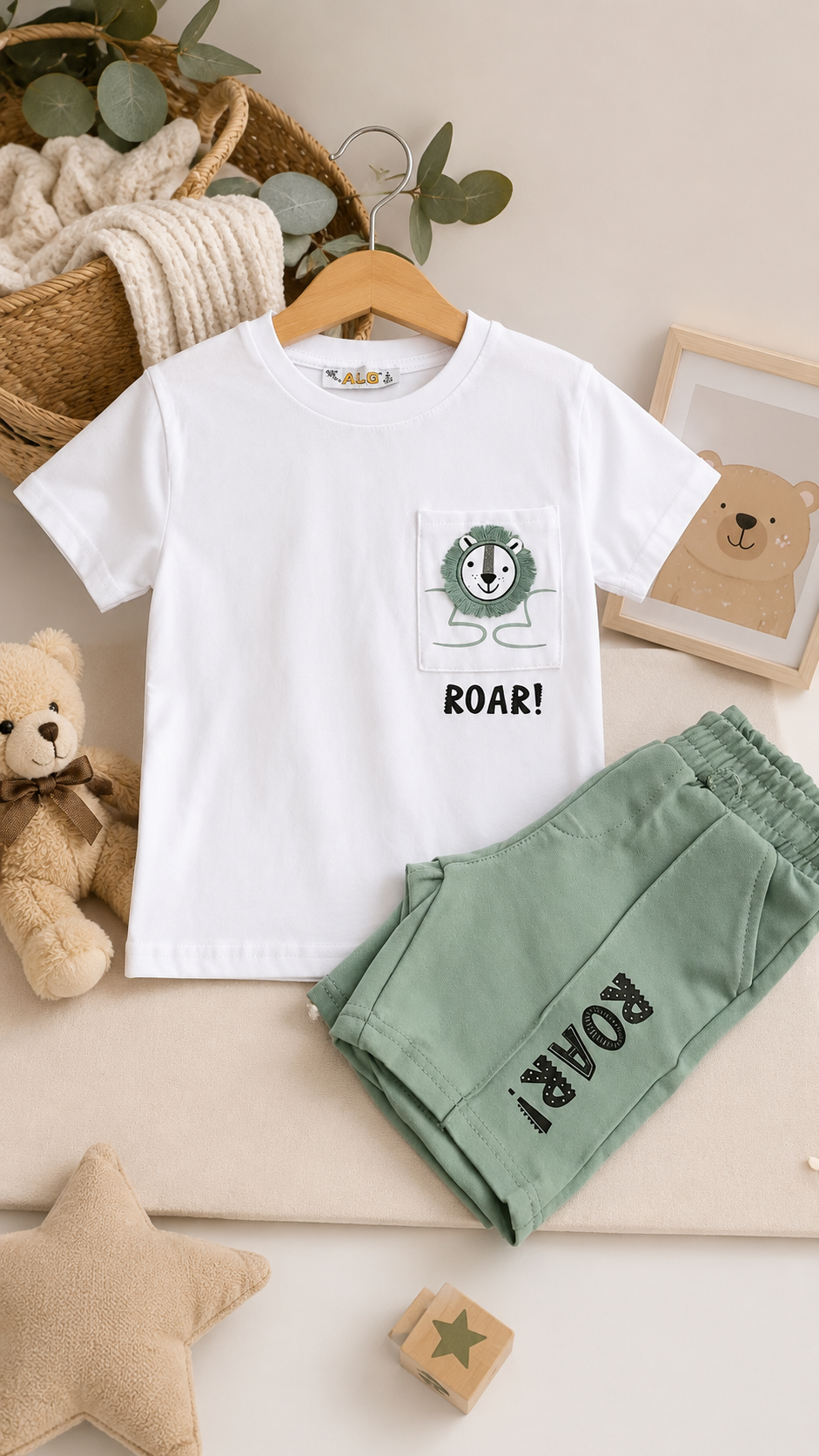 Cotton set lion roar green _alg